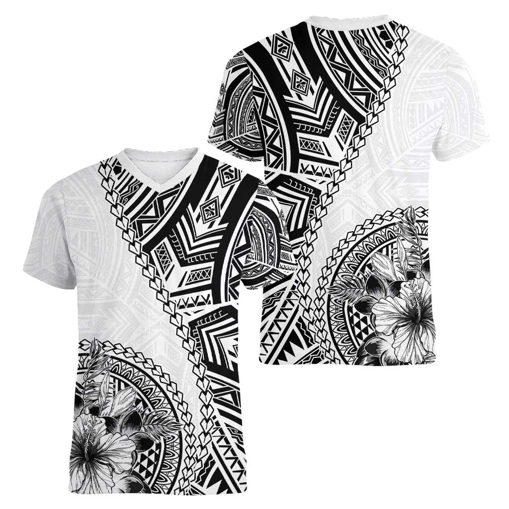 Hibiscus With White Austronesian Tattoo Pattern Women V-Neck T-Shirt - Polynesian Pride