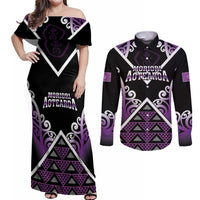 Personalised Aotearoa Moriori Couples Matching Off Shoulder Maxi Dress and Long Sleeve Button Shirt Maori Pattern New Zealand - Polynesian Pride