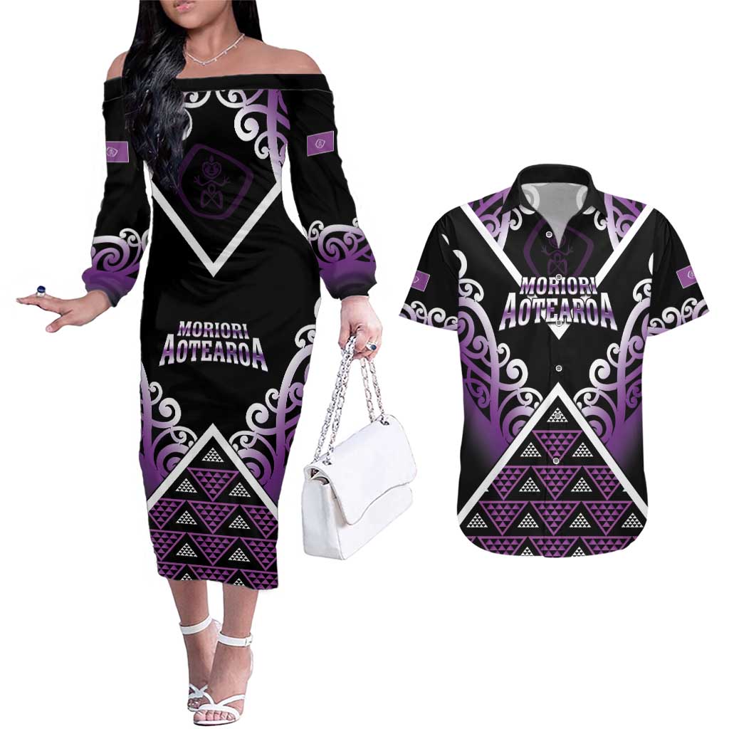 Personalised Aotearoa Moriori Couples Matching Off The Shoulder Long Sleeve Dress and Hawaiian Shirt Maori Pattern New Zealand - Polynesian Pride
