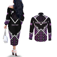 Personalised Aotearoa Moriori Couples Matching Off The Shoulder Long Sleeve Dress and Long Sleeve Button Shirt Maori Pattern New Zealand - Polynesian Pride