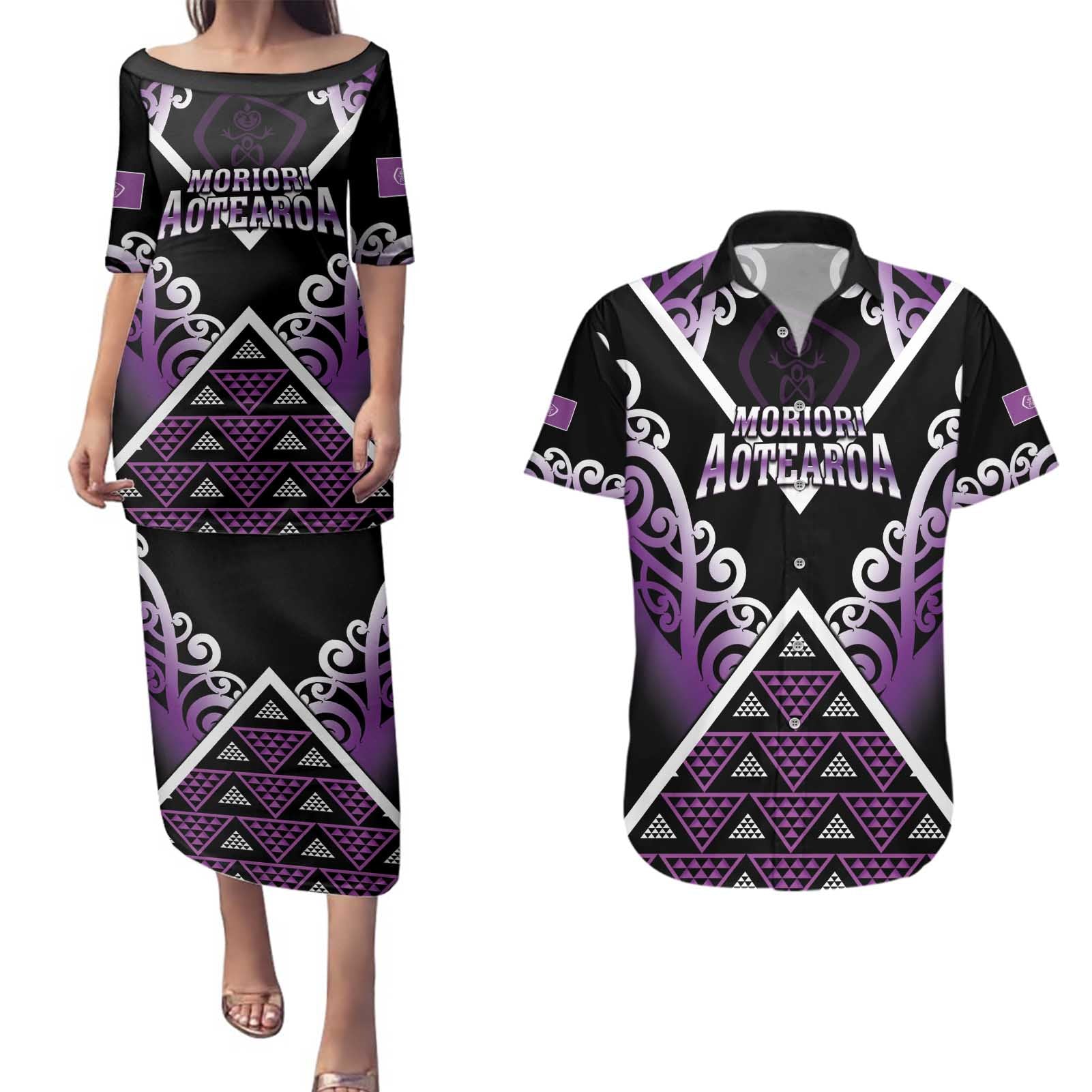 Personalised Aotearoa Moriori Couples Matching Puletasi and Hawaiian Shirt Maori Pattern New Zealand - Polynesian Pride