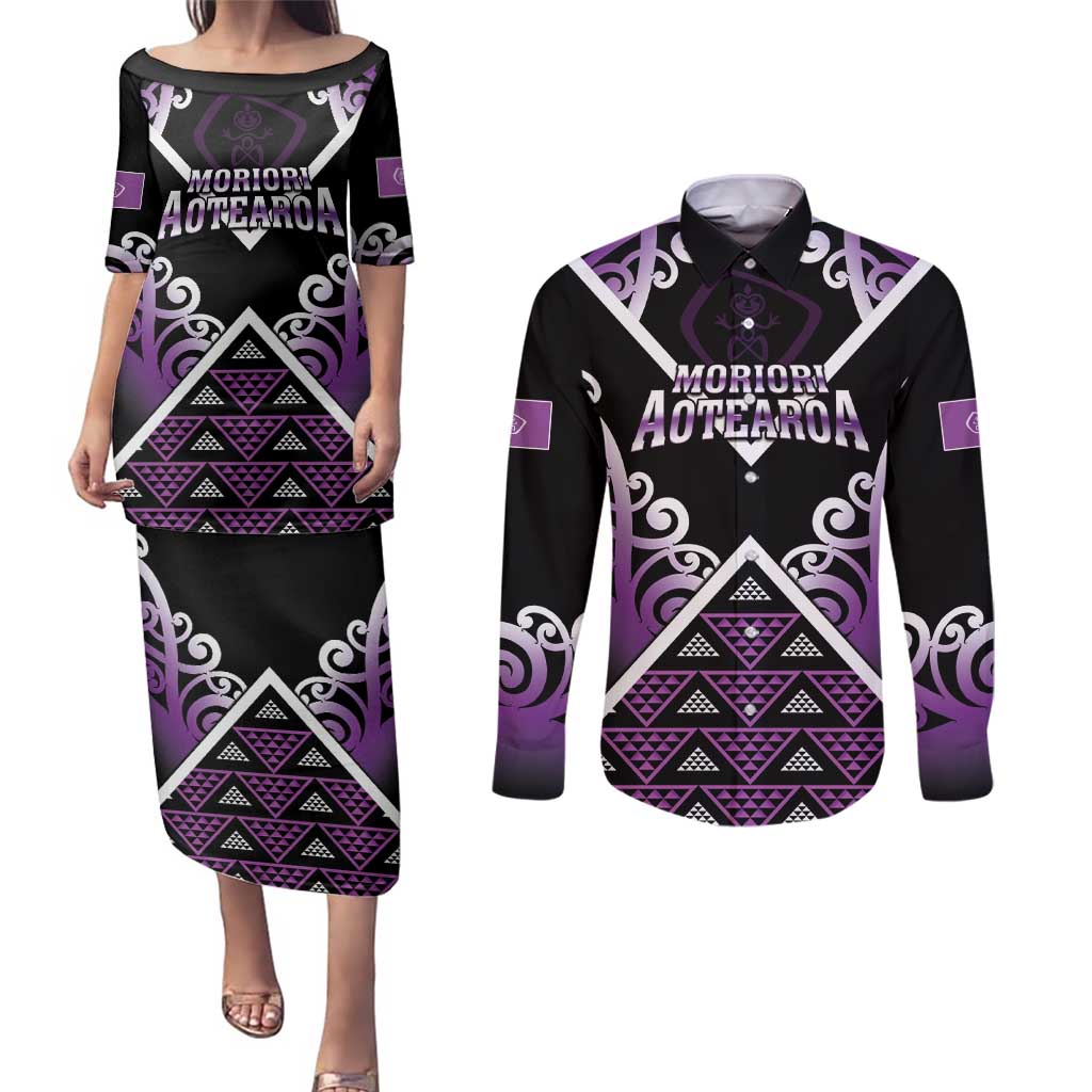 Personalised Aotearoa Moriori Couples Matching Puletasi and Long Sleeve Button Shirt Maori Pattern New Zealand - Polynesian Pride