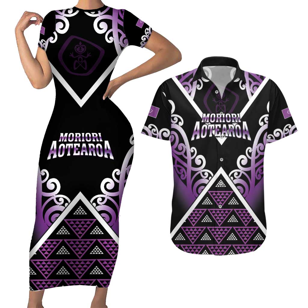 Personalised Aotearoa Moriori Couples Matching Short Sleeve Bodycon Dress and Hawaiian Shirt Maori Pattern New Zealand - Polynesian Pride