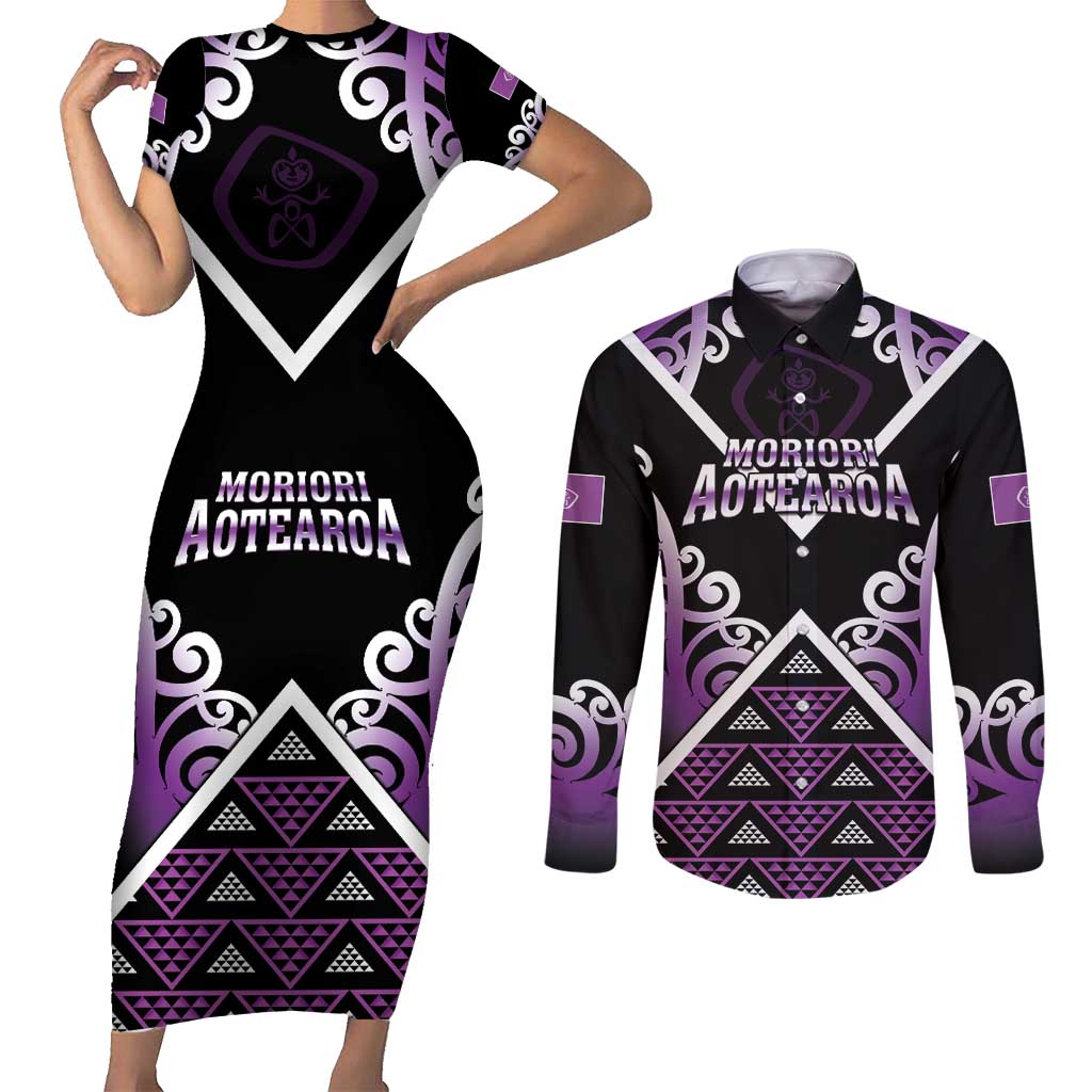 Personalised Aotearoa Moriori Couples Matching Short Sleeve Bodycon Dress and Long Sleeve Button Shirt Maori Pattern New Zealand - Polynesian Pride