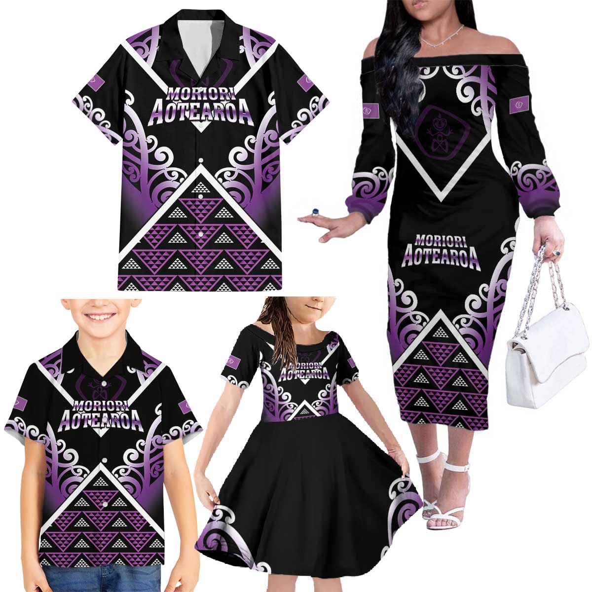 Personalised Aotearoa Moriori Family Matching Off The Shoulder Long Sleeve Dress and Hawaiian Shirt Maori Pattern New Zealand - Polynesian Pride