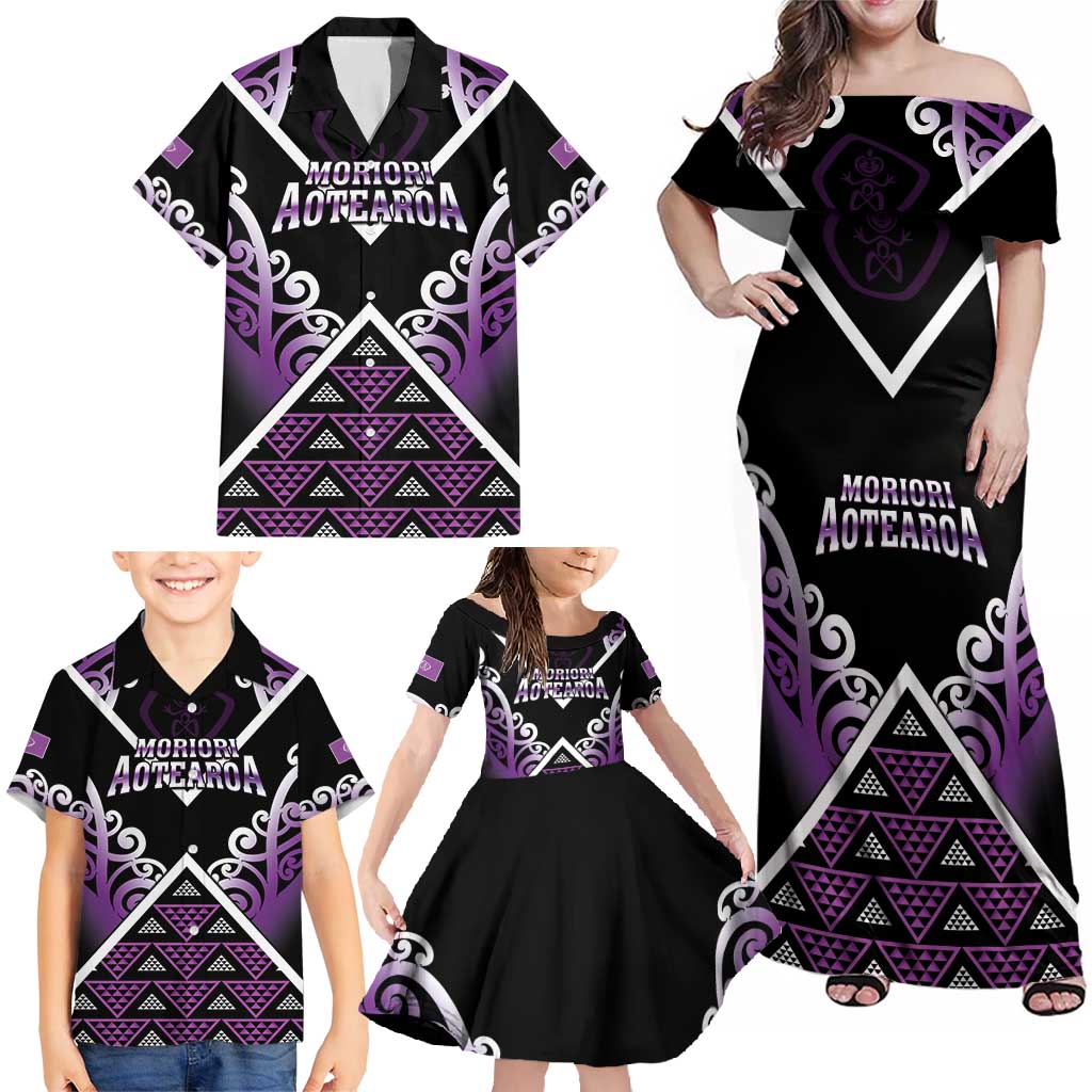 Personalised Aotearoa Moriori Family Matching Off Shoulder Maxi Dress and Hawaiian Shirt Maori Pattern New Zealand - Polynesian Pride