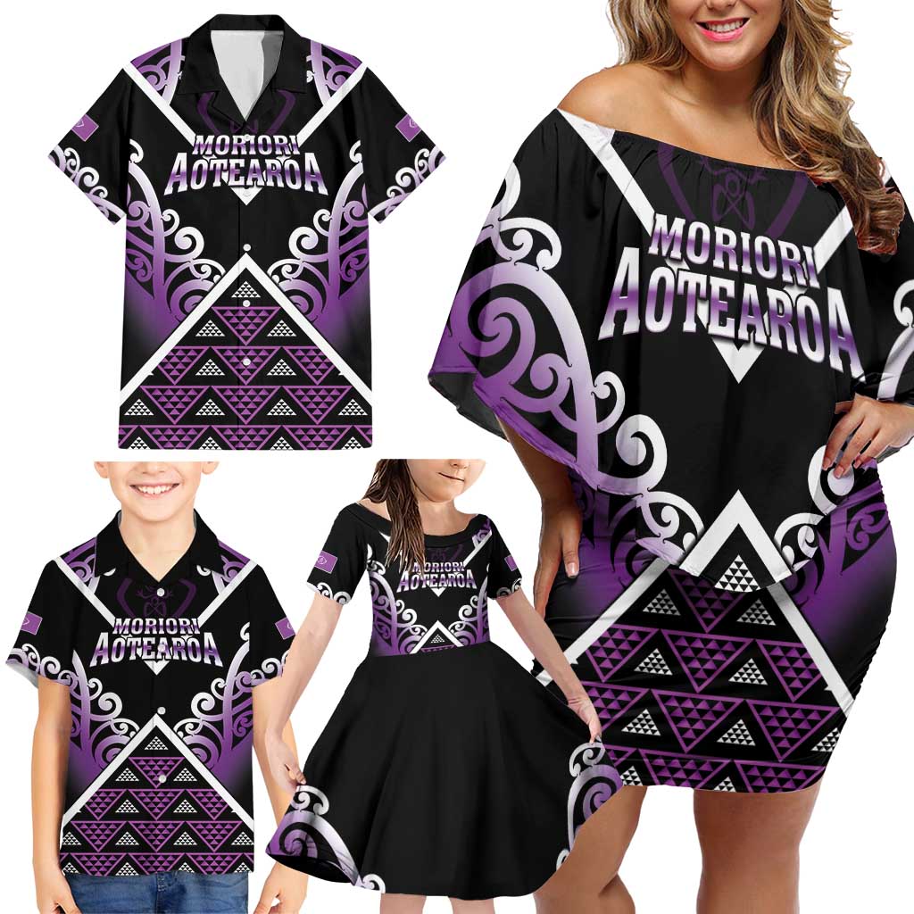 Personalised Aotearoa Moriori Family Matching Off Shoulder Short Dress and Hawaiian Shirt Maori Pattern New Zealand - Polynesian Pride