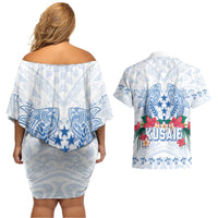 Happy Kosrae Liberation Day Couples Matching Off Shoulder Short Dress and Hawaiian Shirt Polynesian Shark Turtle Motif