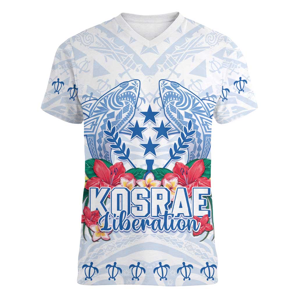 Happy Kosrae Liberation Day Women V-Neck T-Shirt Polynesian Shark Turtle Motif