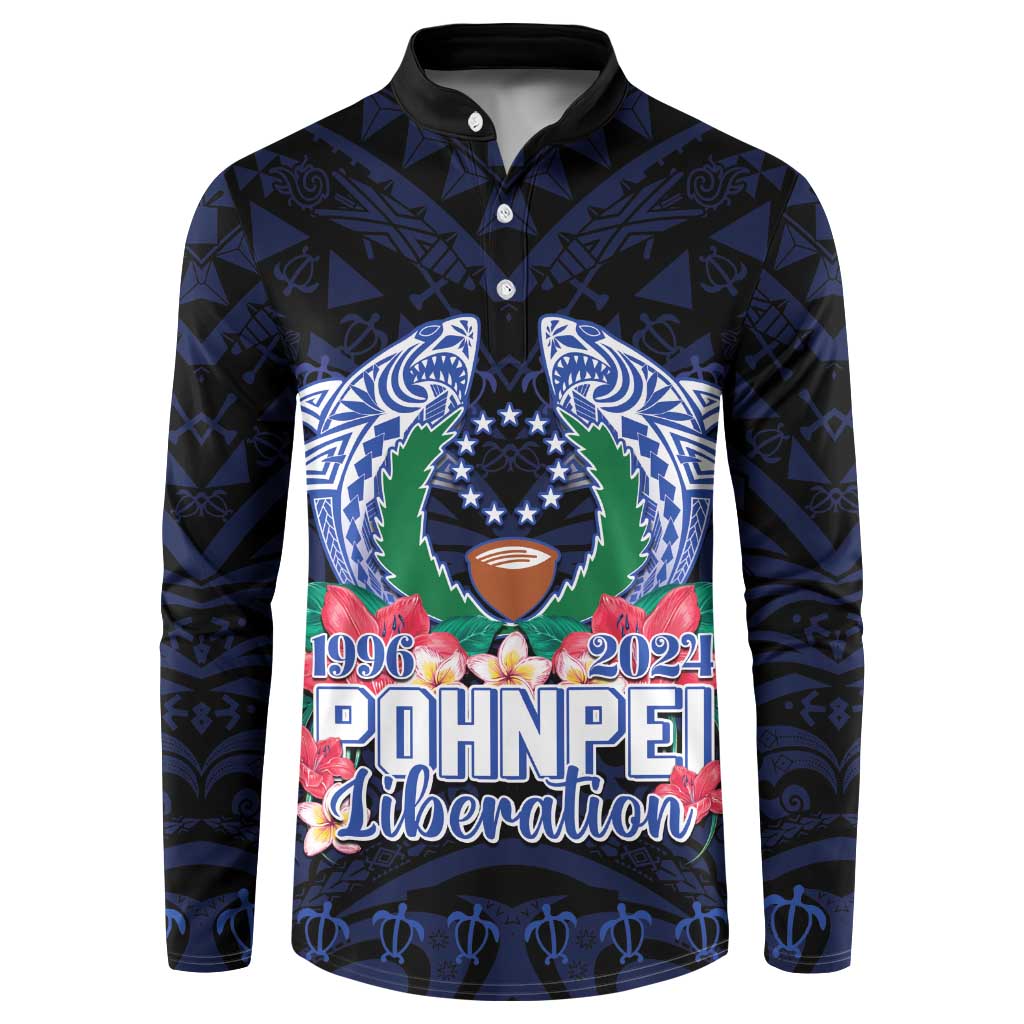 Happy Pohnpei Liberation Day Button Sweatshirt Polynesian Shark Turtle Motif