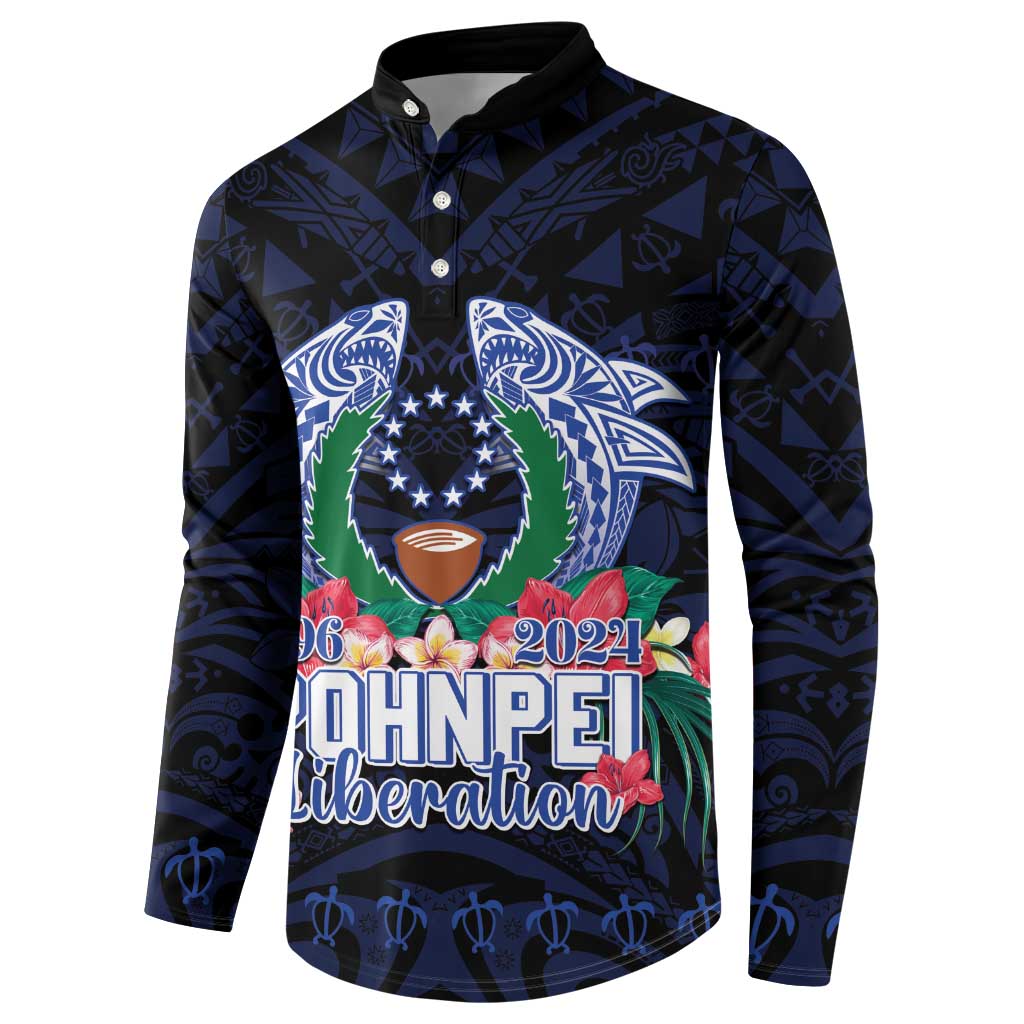 Happy Pohnpei Liberation Day Button Sweatshirt Polynesian Shark Turtle Motif