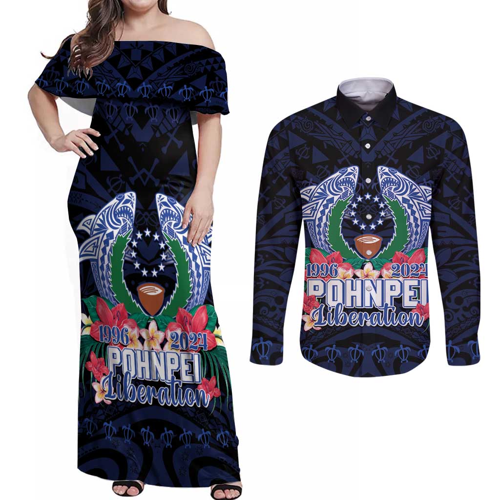 Happy Pohnpei Liberation Day Couples Matching Off Shoulder Maxi Dress and Long Sleeve Button Shirt Polynesian Shark Turtle Motif