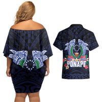 Happy Pohnpei Liberation Day Couples Matching Off Shoulder Short Dress and Hawaiian Shirt Polynesian Shark Turtle Motif