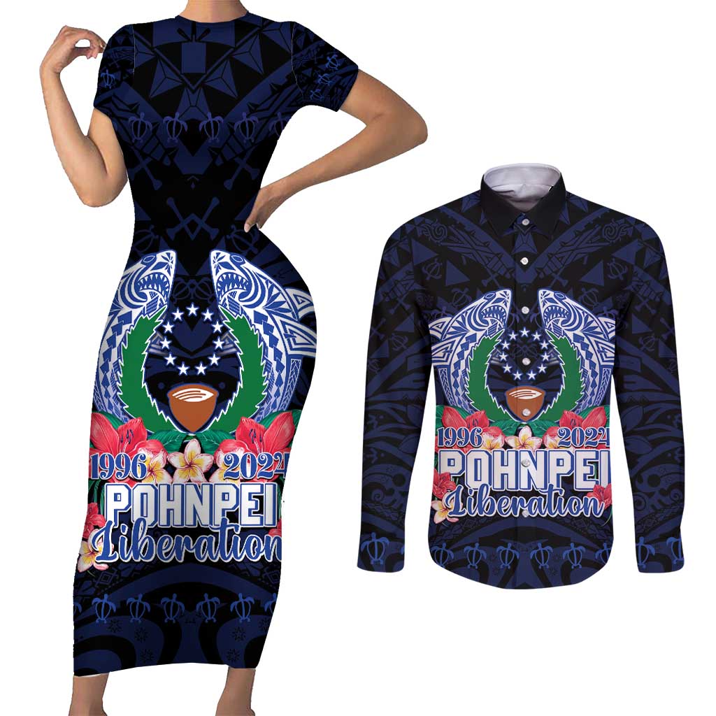 Happy Pohnpei Liberation Day Couples Matching Short Sleeve Bodycon Dress and Long Sleeve Button Shirt Polynesian Shark Turtle Motif