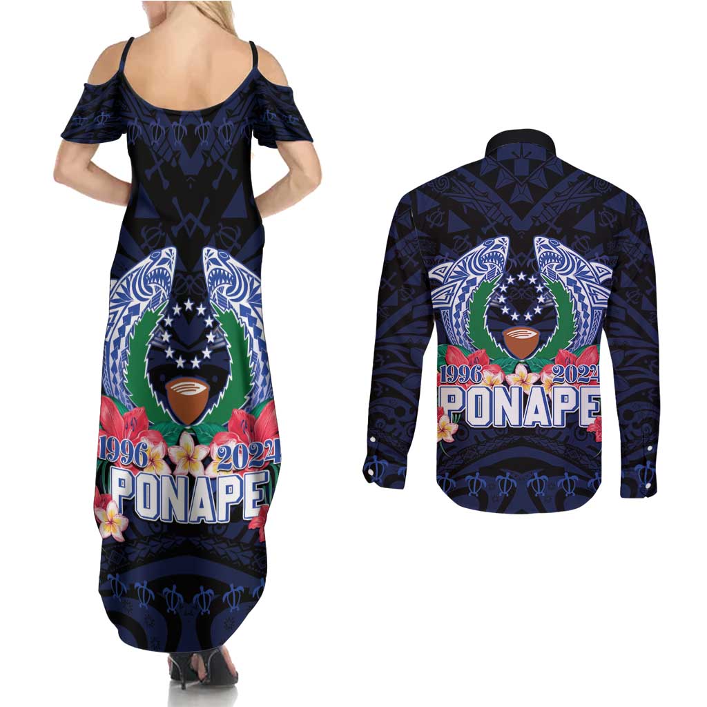 Happy Pohnpei Liberation Day Couples Matching Summer Maxi Dress and Long Sleeve Button Shirt Polynesian Shark Turtle Motif