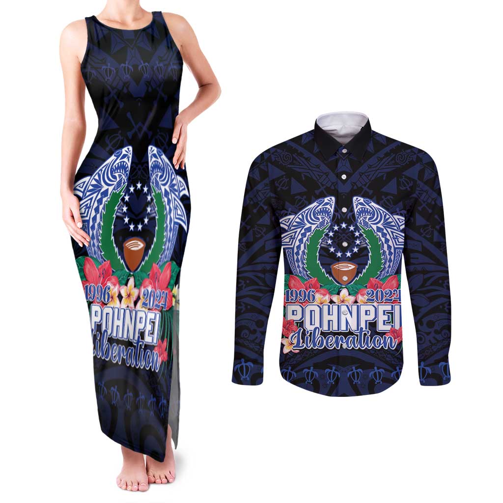Happy Pohnpei Liberation Day Couples Matching Tank Maxi Dress and Long Sleeve Button Shirt Polynesian Shark Turtle Motif