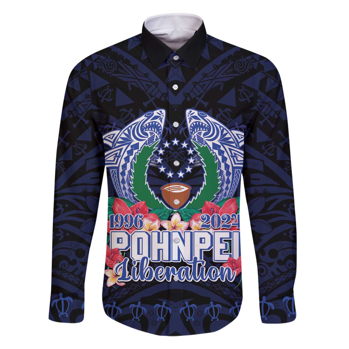 Happy Pohnpei Liberation Day Family Matching Off Shoulder Short Dress and Hawaiian Shirt Polynesian Shark Turtle Motif