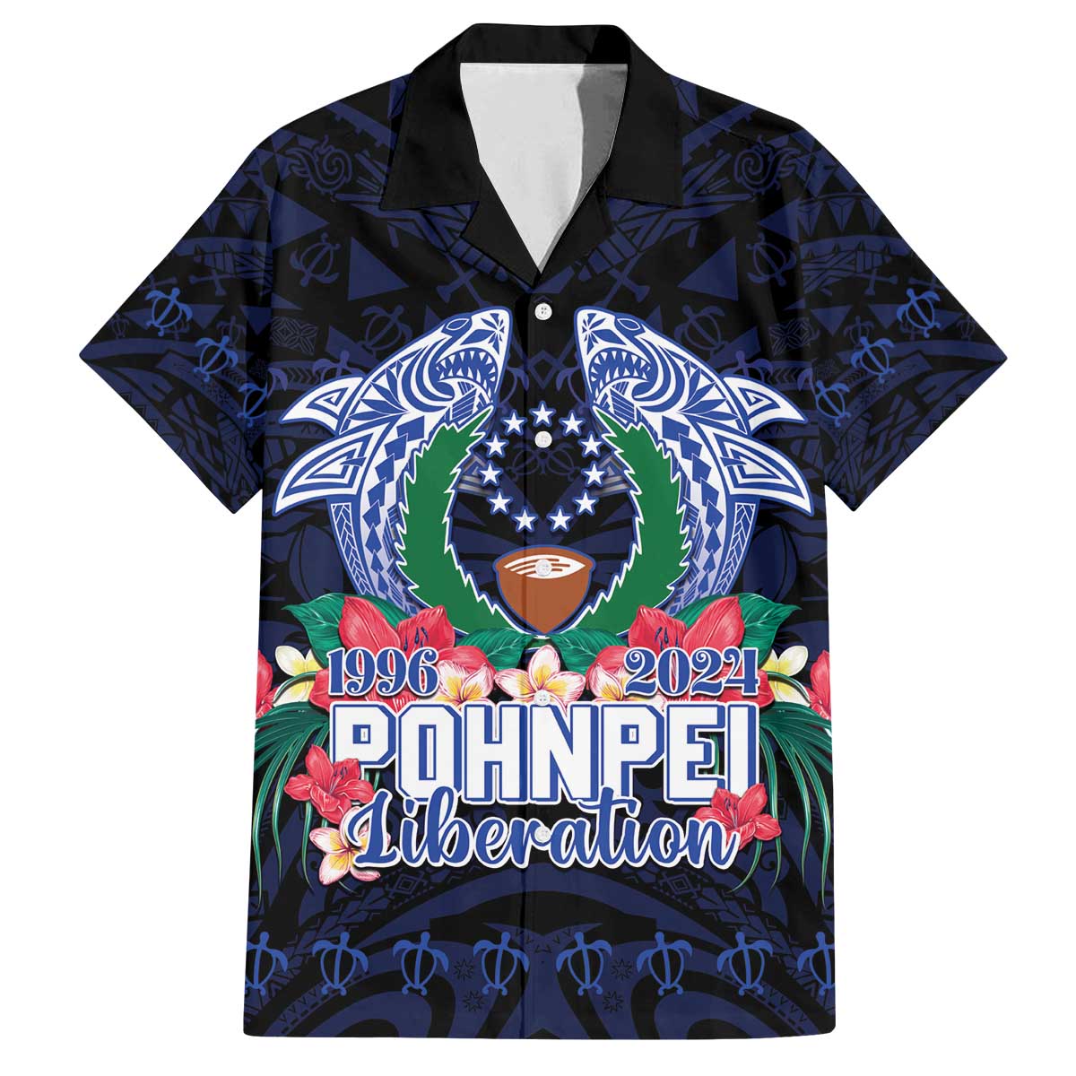 Happy Pohnpei Liberation Day Family Matching Puletasi and Hawaiian Shirt Polynesian Shark Turtle Motif