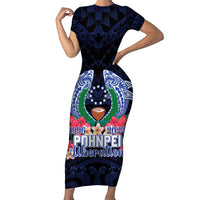 Happy Pohnpei Liberation Day Short Sleeve Bodycon Dress Polynesian Shark Turtle Motif