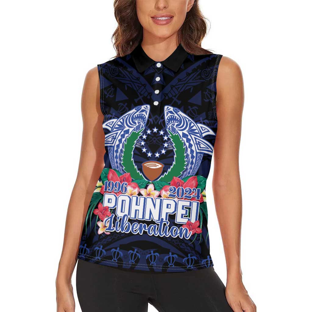 Happy Pohnpei Liberation Day Women Sleeveless Polo Shirt Polynesian Shark Turtle Motif