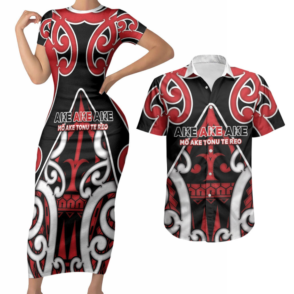 New Zealand Maori Language Week Couples Matching Short Sleeve Bodycon Dress and Hawaiian Shirt Mo Ake Tonu Te Reo LT05 Black - Polynesian Pride