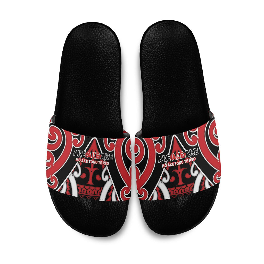 New Zealand Maori Language Week Slide Sandals Mo Ake Tonu Te Reo LT05 Black - Polynesian Pride