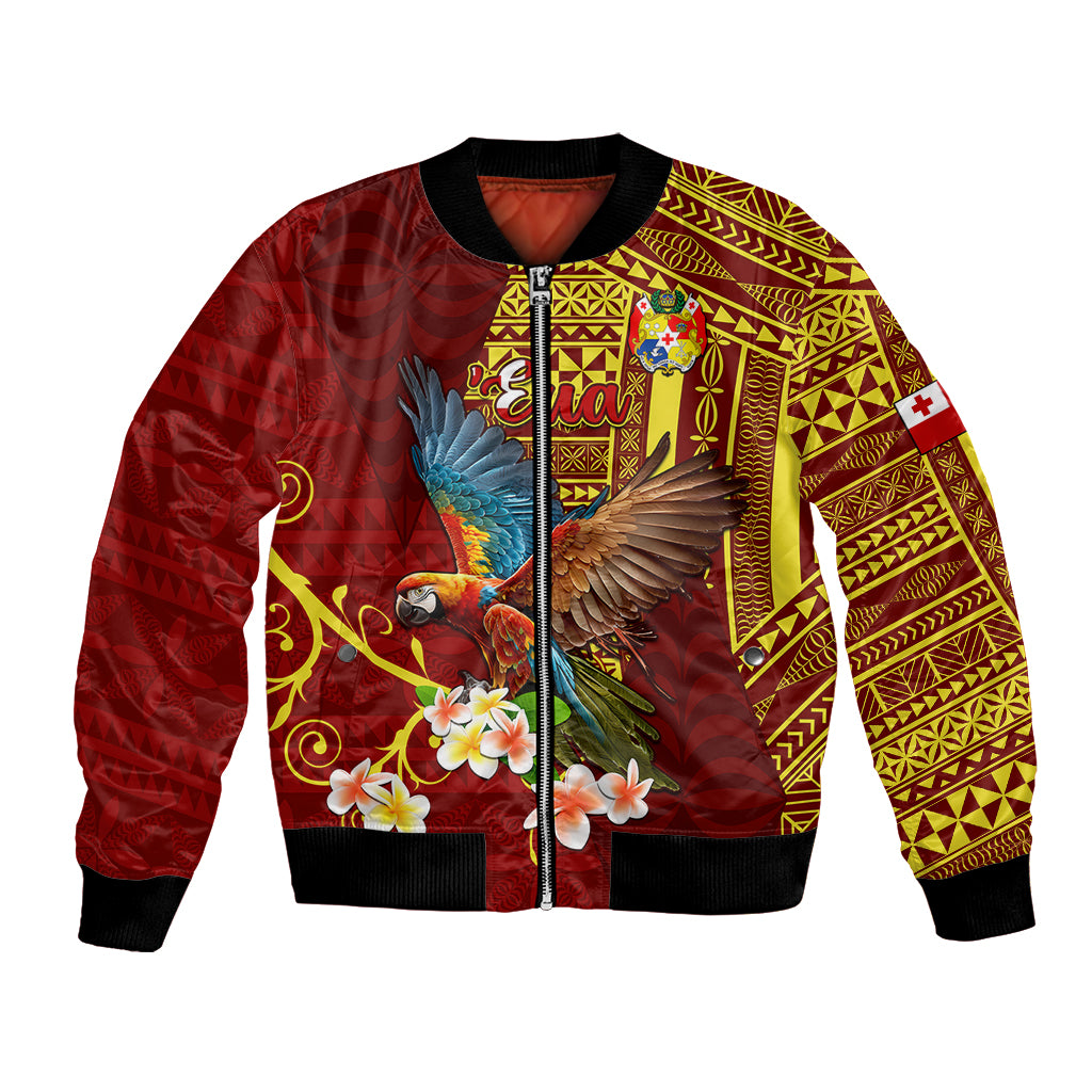 Personalized Tonga Eua Bomber Jacket Maroon Shining Parrot Coat Of Arms With Ngatu Pattern LT05 Unisex Red - Polynesian Pride