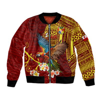Personalized Tonga Eua Bomber Jacket Maroon Shining Parrot Coat Of Arms With Ngatu Pattern LT05 Unisex Red - Polynesian Pride