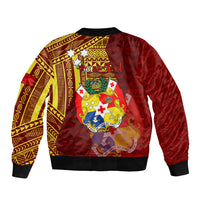 Personalized Tonga Eua Bomber Jacket Maroon Shining Parrot Coat Of Arms With Ngatu Pattern LT05 - Polynesian Pride