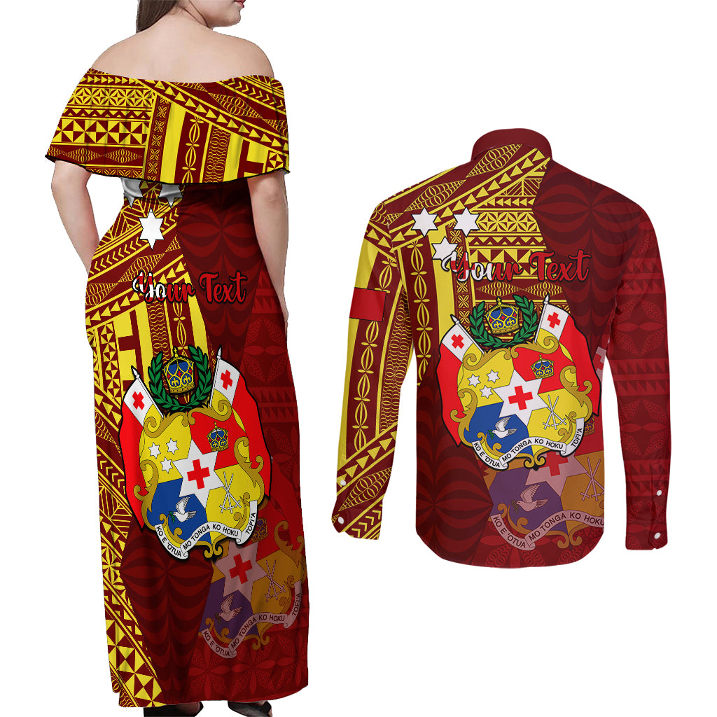 Personalized Tonga Eua Couples Matching Off Shoulder Maxi Dress and Long Sleeve Button Shirts Maroon Shining Parrot Coat Of Arms With Ngatu Pattern LT05 - Polynesian Pride