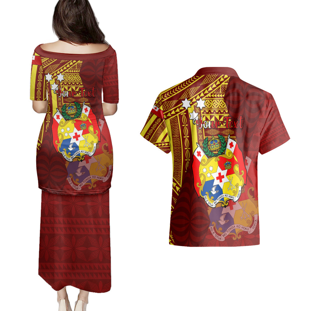 Personalized Tonga Eua Couples Matching Puletasi Dress and Hawaiian Shirt Maroon Shining Parrot Coat Of Arms With Ngatu Pattern LT05 - Polynesian Pride