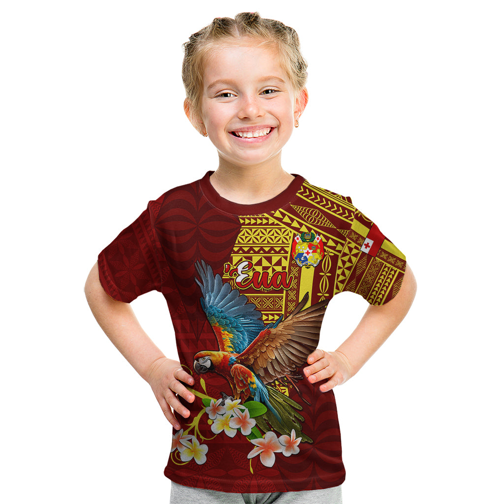 Personalized Tonga Eua Kid T Shirt Maroon Shining Parrot Coat Of Arms With Ngatu Pattern LT05 Red - Polynesian Pride