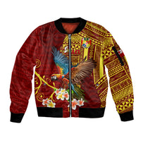Personalized Tonga Eua Sleeve Zip Bomber Jacket Maroon Shining Parrot Coat Of Arms With Ngatu Pattern LT05 Unisex Red - Polynesian Pride