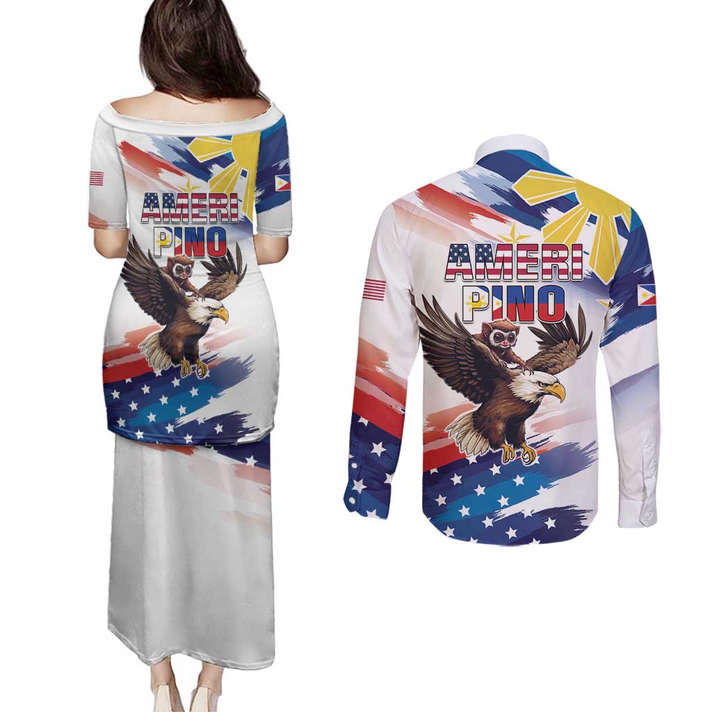 Filipino American History Month Couples Matching Puletasi and Long Sleeve Button Shirt Bald Eagle Tarsier Together LT05 - Polynesian Pride