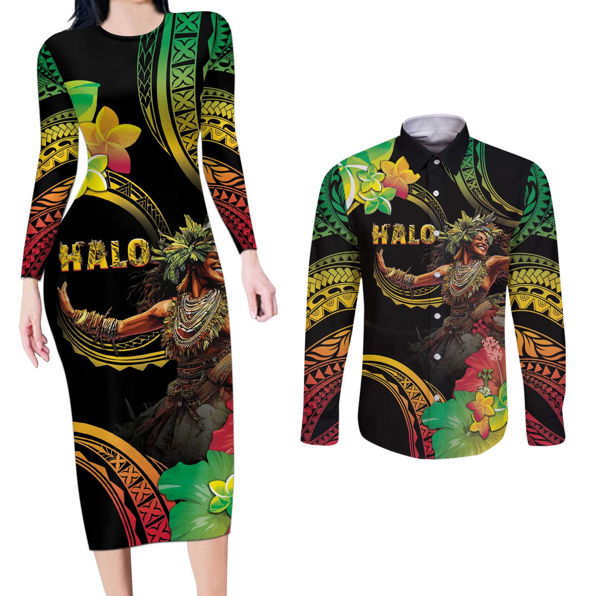 Halo Vanuatu Couples Matching Long Sleeve Bodycon Dress and Long Sleeve Button Shirt Beautiful Woman Dancing LT05 Black - Polynesian Pride