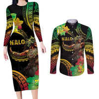 Halo Vanuatu Couples Matching Long Sleeve Bodycon Dress and Long Sleeve Button Shirt Beautiful Woman Dancing LT05 Black - Polynesian Pride