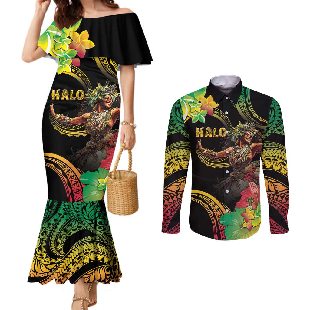 Halo Vanuatu Couples Matching Mermaid Dress and Long Sleeve Button Shirt Beautiful Woman Dancing LT05 Black - Polynesian Pride
