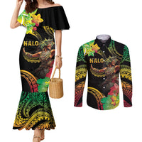 Halo Vanuatu Couples Matching Mermaid Dress and Long Sleeve Button Shirt Beautiful Woman Dancing LT05 Black - Polynesian Pride
