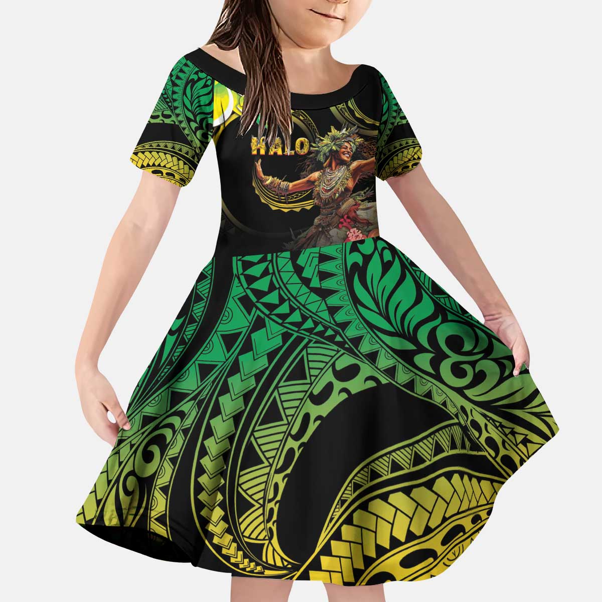 Halo Vanuatu Kid Short Sleeve Dress Beautiful Woman Dancing LT05 KID Black - Polynesian Pride