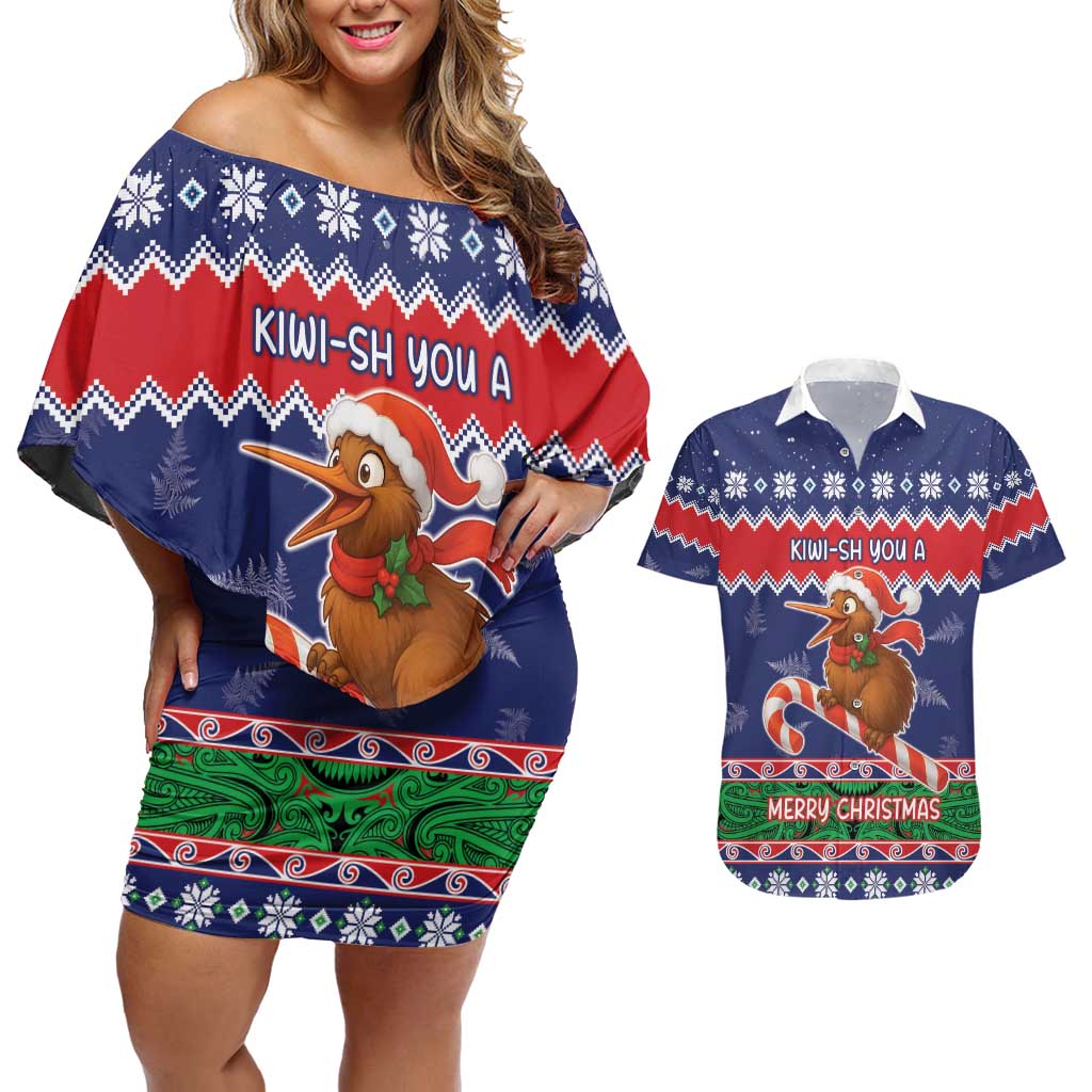 New Zealand Christmas Couples Matching Off Shoulder Short Dress and Hawaiian Shirt Kiwi-sh You A Merry Christmas - Polynesian Pride