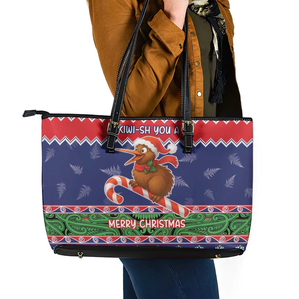 New Zealand Christmas Leather Tote Bag Kiwi-sh You A Merry Christmas - Polynesian Pride
