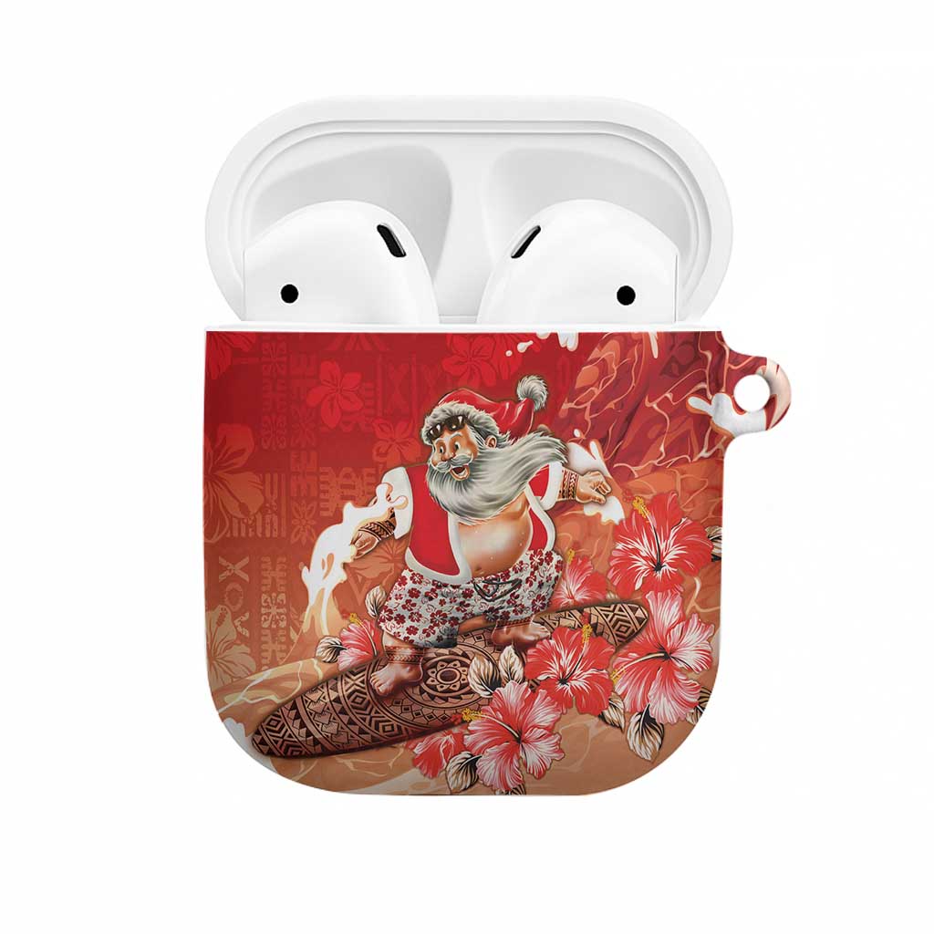 Hawaii Funny Christmas AirPods Case Santa Surfing With Tapa Pattern - Polynesian Pride