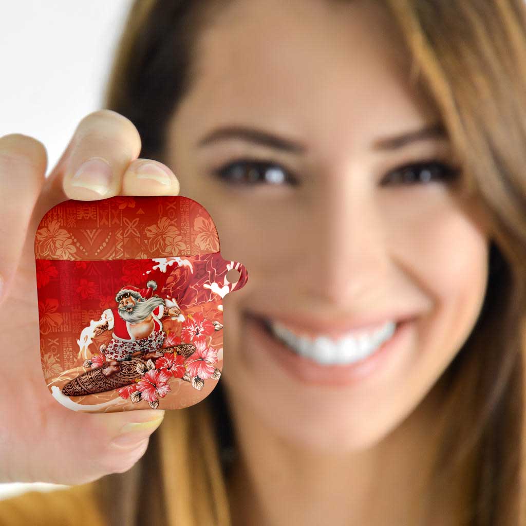 Hawaii Funny Christmas AirPods Case Santa Surfing With Tapa Pattern - Polynesian Pride