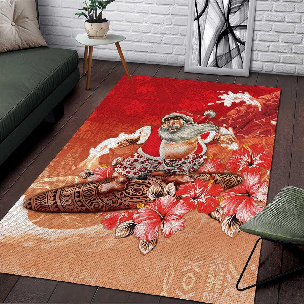 Hawaii Funny Christmas Area Rug Santa Surfing With Tapa Pattern - Polynesian Pride