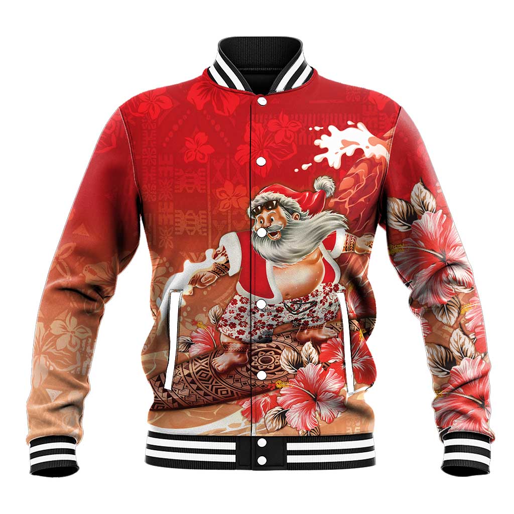 Hawaii Funny Christmas Baseball Jacket Santa Surfing With Tapa Pattern - Polynesian Pride