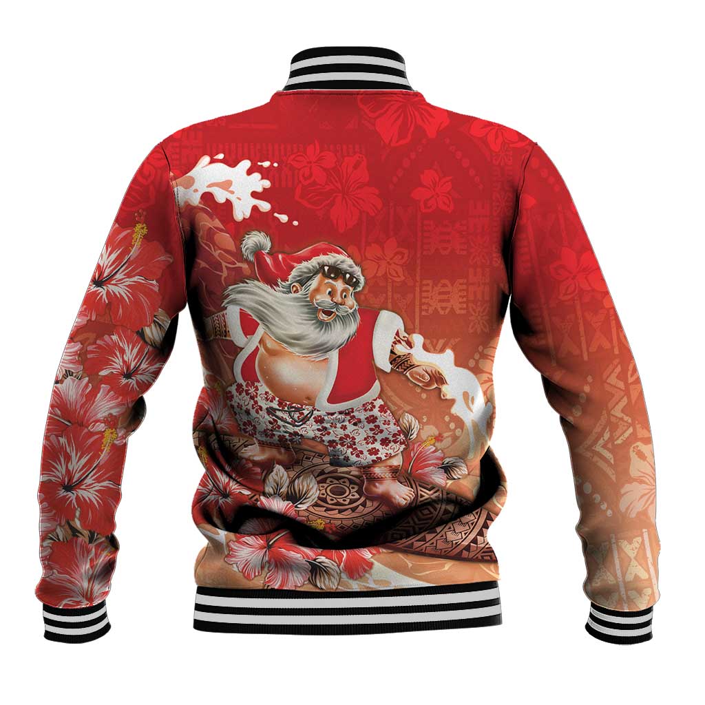 Hawaii Funny Christmas Baseball Jacket Santa Surfing With Tapa Pattern - Polynesian Pride