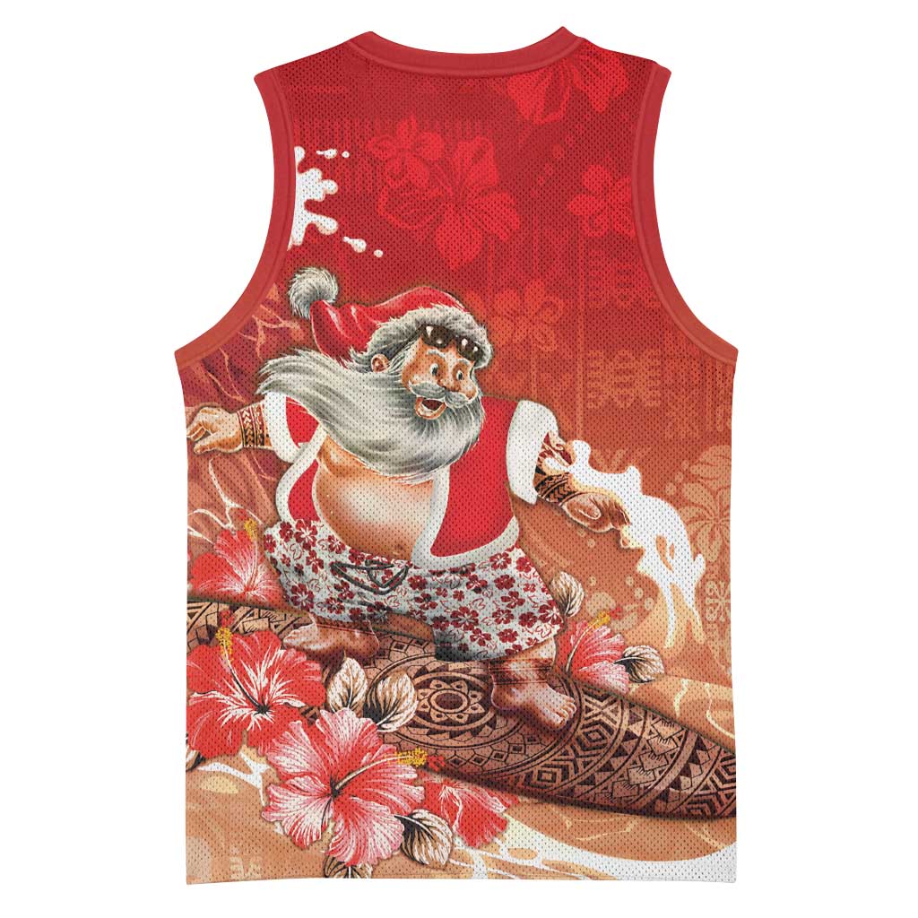 Hawaii Funny Christmas Basketball Jersey Santa Surfing With Tapa Pattern - Polynesian Pride