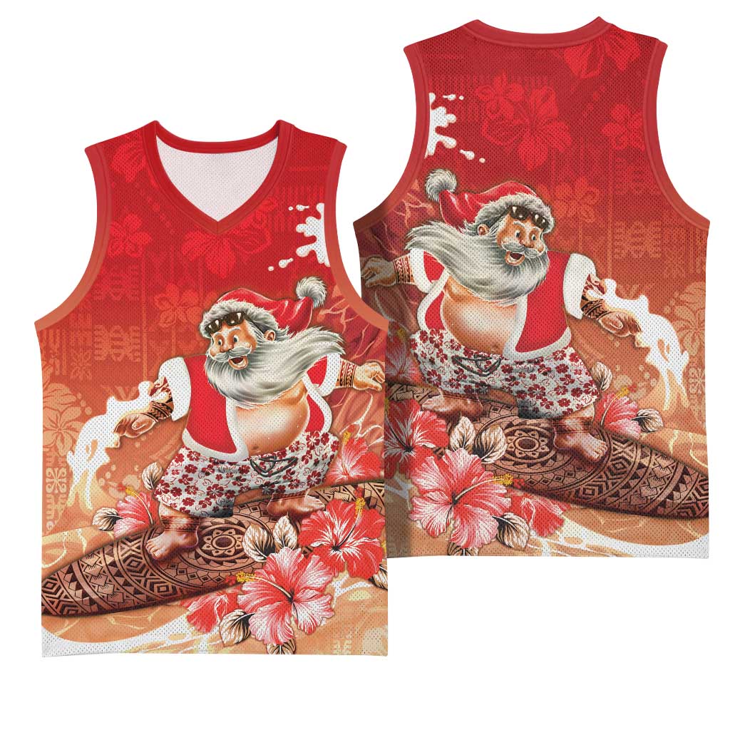 Hawaii Funny Christmas Basketball Jersey Santa Surfing With Tapa Pattern - Polynesian Pride