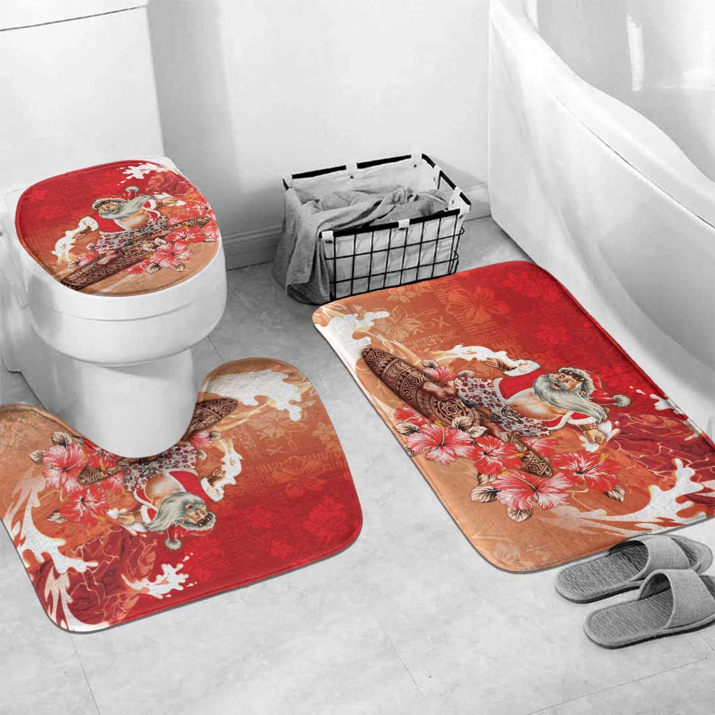 Hawaii Funny Christmas Bathroom Set Santa Surfing With Tapa Pattern - Polynesian Pride