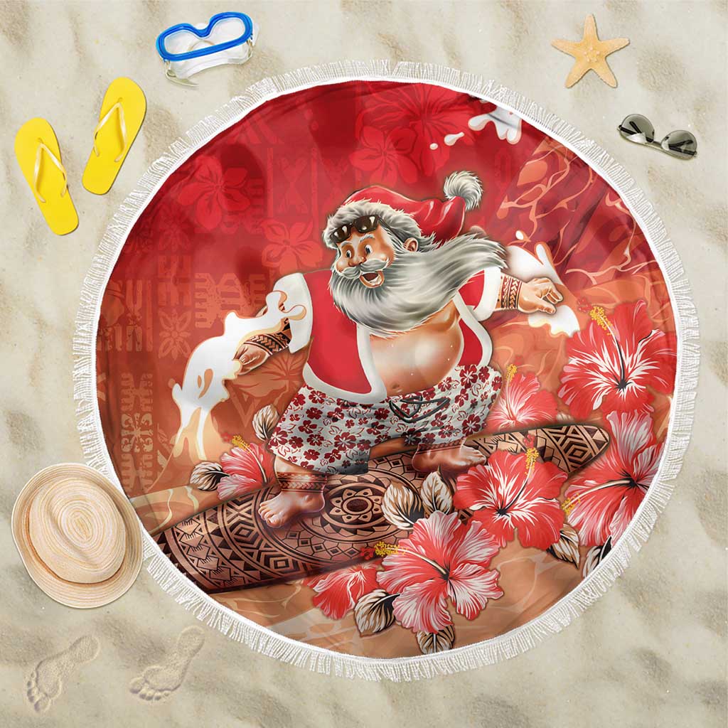 Hawaii Funny Christmas Beach Blanket Santa Surfing With Tapa Pattern - Polynesian Pride